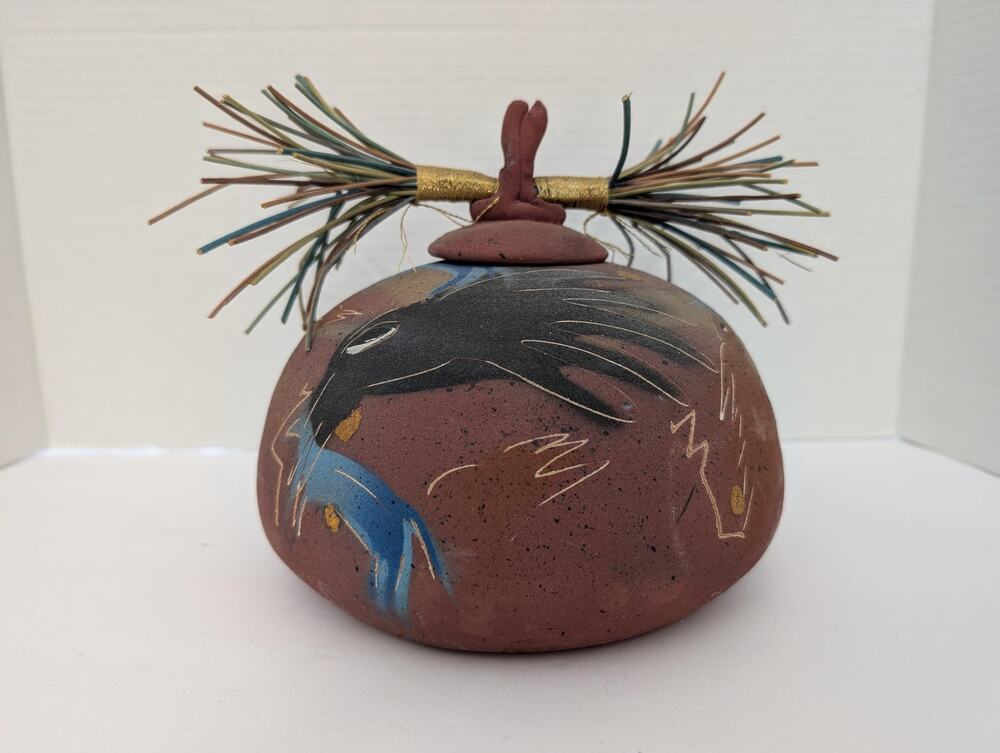 Laura Ross Studio Pottery Lidded Vessel Pine Needle Lid Raven Bird Motif